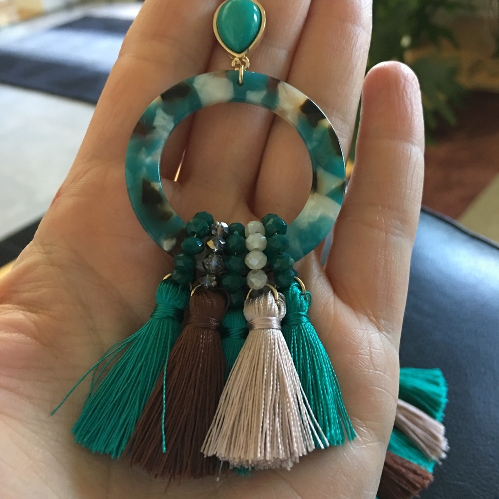 Turquoise acetate beaded fringe dangle earrings - Picture 8 of 8